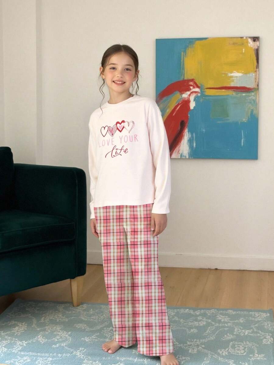 2pcs Girls' Casual Heart Pattern Plaid Print Long Sleeve Top And Pants Loungewear Set Girls Pajama Set Cute Pjs Set Girls Lounge Set Plaid Pajama Set Girls Pajamas Fall Winter - Multicolor - View 1