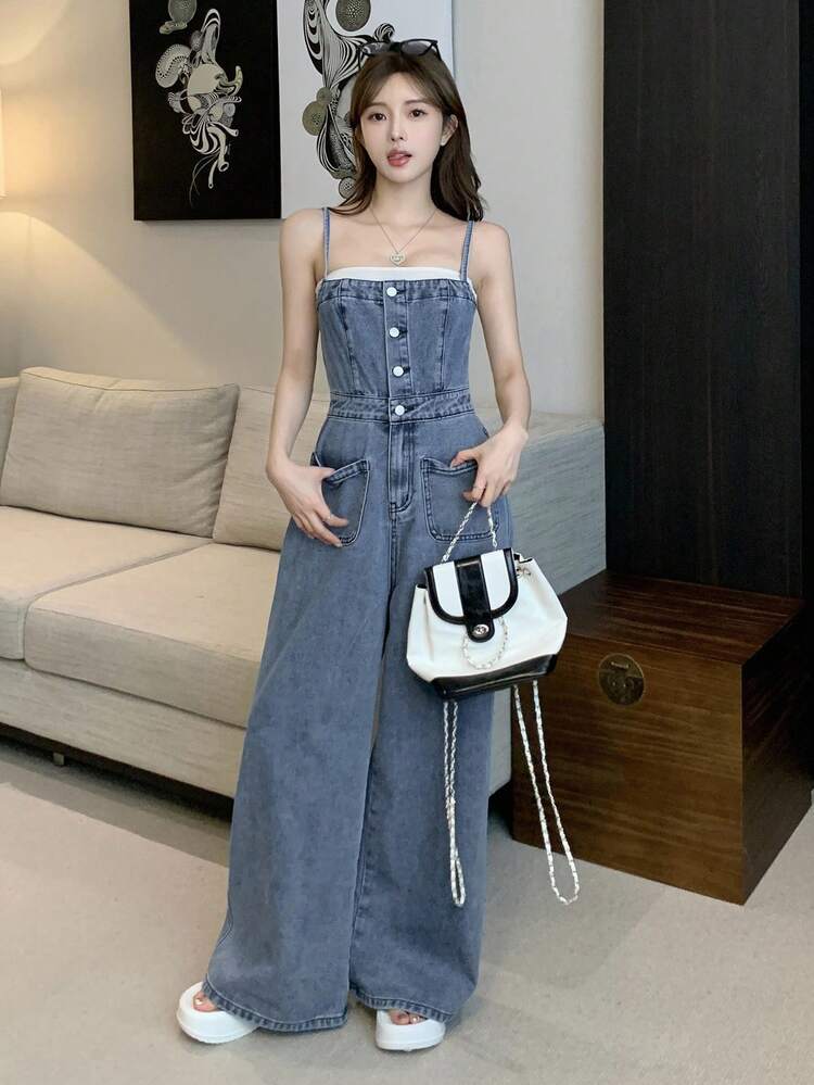 Women's Casual Washed Denim Bib Overalls And Jumpsuit