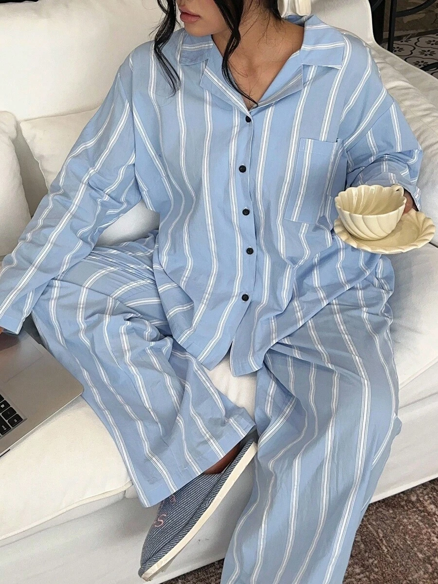 Dazy Plus 两件套条纹宽松睡衣套装，春秋季休闲穿着，大码，秋冬服装 - 藍色 - 查看 1