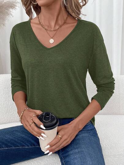 SHEIN LUNE Women's Casual Solid Color V-Neck Long Sleeve T-Shirt, Versatile For Layering And Outdoor Wear, Suitable For Autumn/Winter Women Long Sleeve Tops Solid Color Tops Green Long Sleeve Top Fall Clothes For Women,Casual