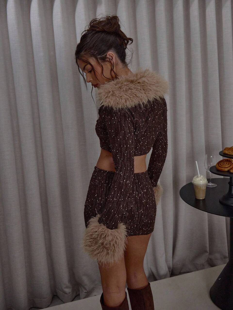 Plunge V Neckline Button Down Fur Trim Detail Crop Top & Skirt Set Streetwear Classy Casual Sexy Going Out Fall Autumn Toffee Party Spring
