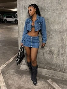 StreetHx Bộ áo khoác lửng và chân váy denim mini thường ngày cho nữ - Màu xanh lam - Xem 5