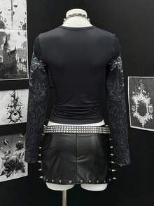 EgrlEra Camiseta de manga larga con cuello redondo y estampado punk negro para mujer - Negro - Ver 2