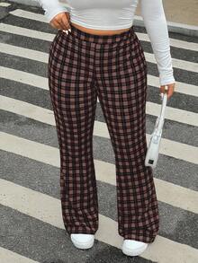 SHEIN EZwear Plus Size Plaid Print Elastic Waist Flare Pants/Winter - Brown - View 7