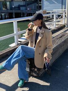 DAZY Women's Elegant Contrast Color Lapel Overcoat, Autumn/Winter Jacket - Coffee Brown - View 6