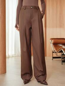 SHEIN Unity Weite Hose mit lockerer Passform für Damen, hochwertige Lässig Hose mit drapiertem Effekt, schlankend, Kaffeefarben, geeignet für Frühling & Herbst