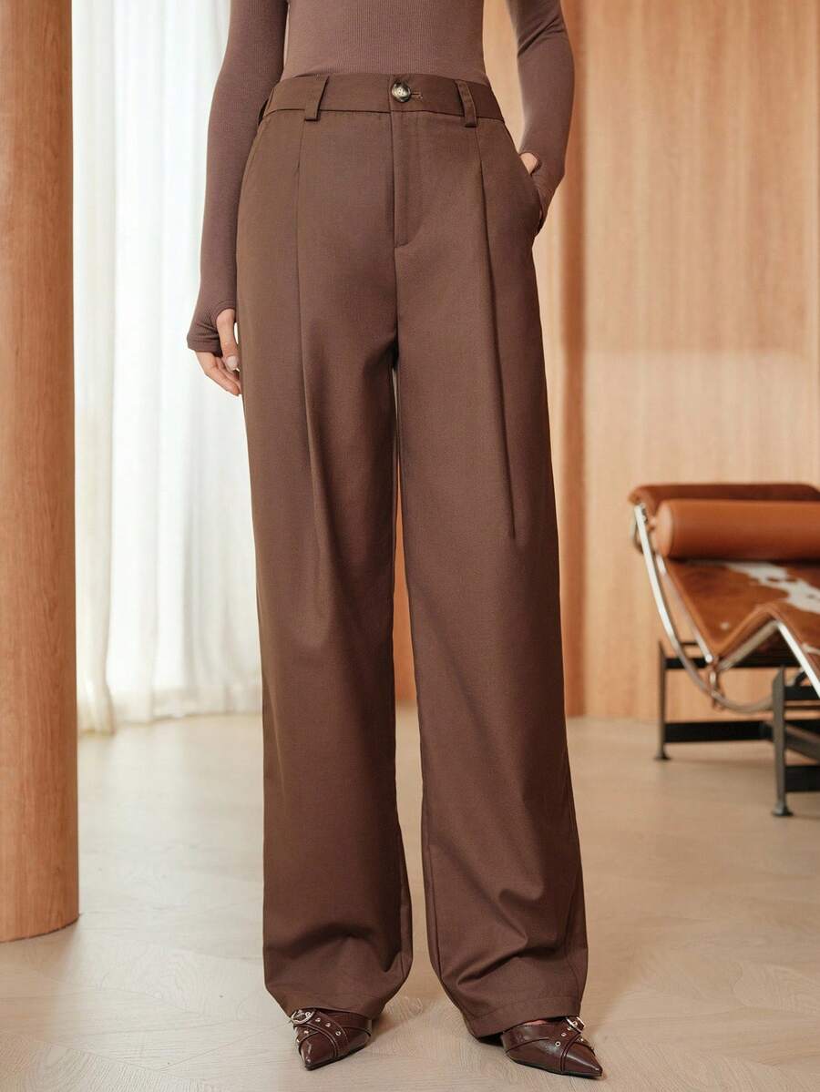 SHEIN Unity Weite Hose mit lockerer Passform für Damen, hochwertige Lässig Hose mit drapiertem Effekt, schlankend, Kaffeefarben, geeignet für Frühling & Herbst