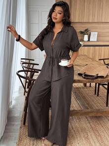 EMERY ROSE Conjunto de 2 piezas de camisa y pantalones de talla grande, unicolor, con cordón en la cintura, para vacaciones y uso casual - Marrón - Ver 3