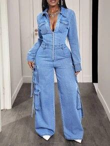 BamGleam Women's Casual Denim Bib Pants And Jumpsuit For Everyday Wear - Blue - View 4