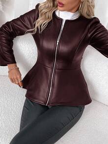 SHEIN Clasi Áo khoác dày lót da và lông thú giả dành cho nữ, thích hợp cho việc đi làm, đi chơi và tụ tập vào mùa đông - Màu Tím - Xem 4