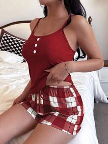 SHEIN Bộ đồ ngủ 2 chiếc áo hai dây dệt kim màu trơn thường ngày và quần short họa tiết kẻ caro - Đỏ - Xem 6