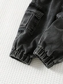 Cozy Pixies Baby/Toddler Unisex Black Casual Cargo Pants With Elastic Waist, Side Pockets And Cuffed Hem Fall Winter - Black - View 4