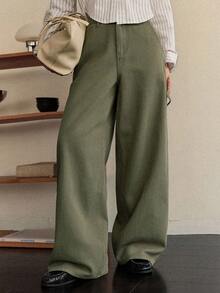 Dazy-Less Quần jeans nữ dáng rộng, ống loe có túi, kiểu dáng công sở thường ngày. - xanh quân đội - Xem 4