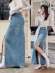 Rivivi 女式口袋开衩时尚性感牛仔长裙 - 藍色 - 查看 1