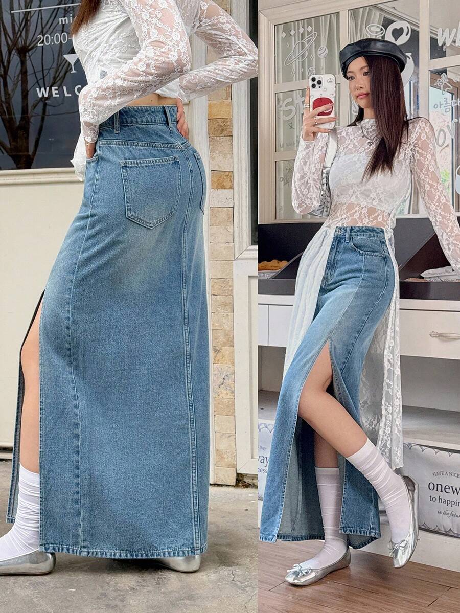 Rivivi 女式口袋开衩时尚性感牛仔长裙 - 藍色 - 查看 1