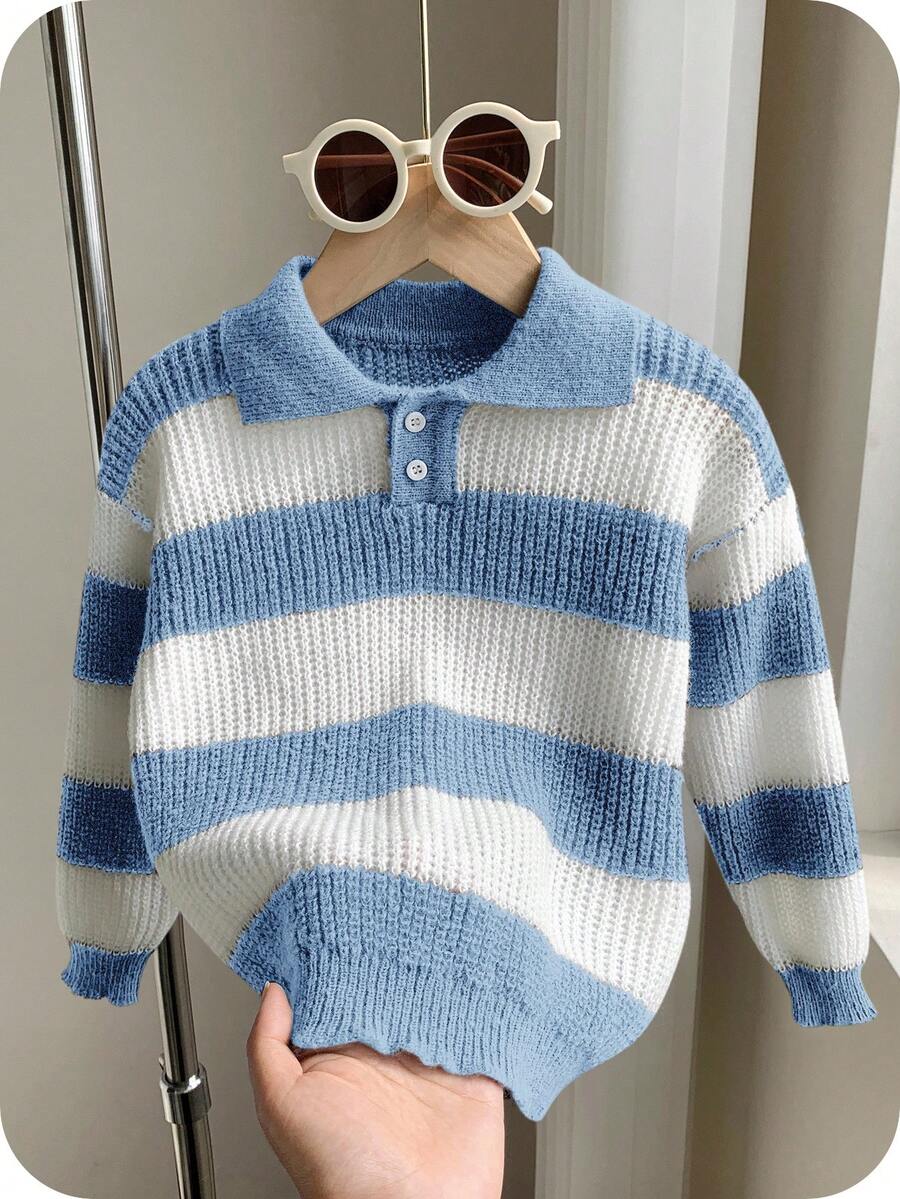 SHEIN 1 pezzo Maglione polo a righe morbido e comodo, casual, alla moda, semplice e pratico, adatto per ragazzi, ideale per feste di compleanno, feste, spettacoli, outfit per bambini, abbigliamento per ragazzi, adatto per la scuola, adatto per i viaggi, adatto per lo sport, adatto per l'autunno e l'inverno