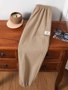 SHEIN Tween Boy Casual Cargo Pocket Drawstring Sweatpants, Gray, Versatile For Daily Wear, School, All Seasons - Khaki - View 3