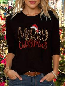 EMERY ROSE 圣诞快乐长袖图案 T 恤，女士休闲圆领 T 恤 - 黑色 - 查看 1