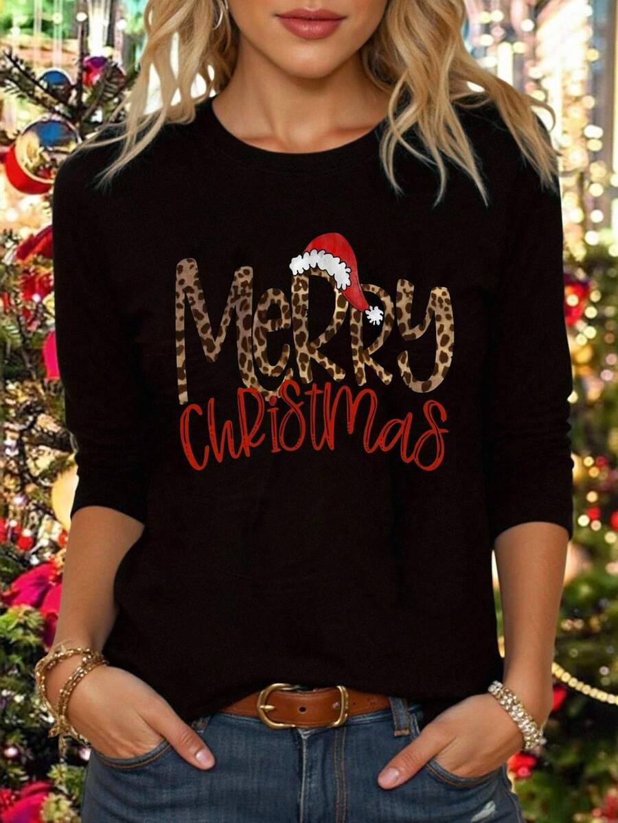 EMERY ROSE 圣诞快乐长袖图案 T 恤，女士休闲圆领 T 恤 - 黑色 - 查看 1