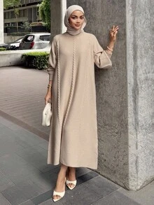 DAZY Đầm dệt kim dáng rộng thoải mái dành cho nữ, cổ tròn, tay dài raglan, phù hợp cho mùa thu/đông, kiểu dáng kín đáo. - Màu be - Xem 4