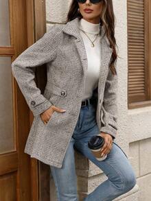 EMERY ROSE Women's Autumn/Winter High-End Single-Breasted Waist-Cinched Herringbone Thick Overcoat - Khaki - View 4