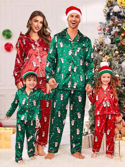 SHEIN Men's Christmas Penguin Candy Cane Print Long Sleeve Top And Pants Comfortable 2 Pieces Pajama Set, Daddy And Me Matching Outfits (3 Sets Sold Separately) Penguin Christmas Pajamas Christmas Pajamas Set, Fall Winter Clothes