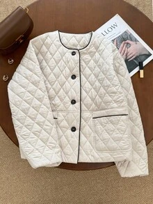 SHEIN Frenchy 女士休闲日常通勤撞色滚边拼布口袋单排扣绗缝夹棉大衣，冬季 - 杏色 - 查看 1