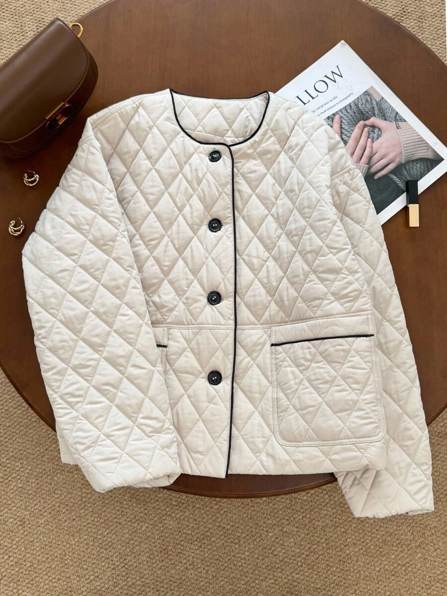 SHEIN Frenchy 女士休闲日常通勤撞色滚边拼布口袋单排扣绗缝夹棉大衣，冬季 - 杏色 - 查看 1