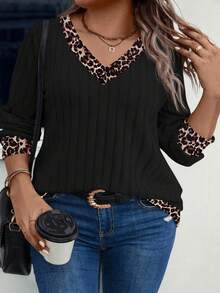 EMERY ROSE Sweat-shirt-shirt décontracté à col V, manches longues, imprimé léopard bicolore, grande taille, automne/hiver pour femmes - Noir - Voir 1