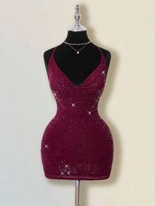 SHEIN ICON Damen Einfarbiges Kleid mit tiefem Ausschnitt und Strass-Verzierung, sexy Trägerkleid - Rot - Übersicht 7