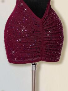 SHEIN ICON Damen Einfarbiges Kleid mit tiefem Ausschnitt und Strass-Verzierung, sexy Trägerkleid - Rot - Übersicht 8