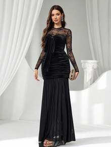 Coutiva Women's Contrast Lace Long Sleeve Twist Front Ruched Fitted Elegant Evening Gown,Sequin And Pearl Cuff Design,Formal Party Dress For Wedding Guest - Black - View 7