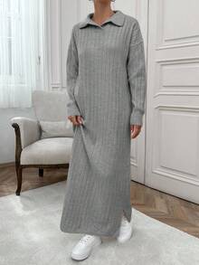 EURMUSE Abito maxi in maglia morbida con collo alla polo - Grigio - Visualizzare 6