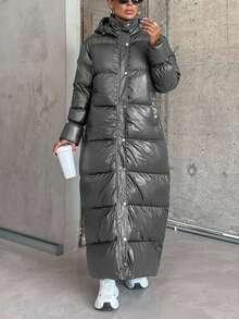 SHEIN Cottnline Women's Unique Design Drawstring Sleeve Padded Warm Puffer Long Down Coat - Grey - View 4
