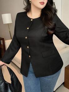 Dazy Plus 大码女式休闲开衫，喇叭袖，收腰设计，秋季女式外套 - 黑色 - 查看 4