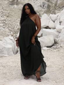 MUSERA 加大码露背飘逸长裙，可爱夏日度假优雅高贵场合假日装扮，性感曲线，派对狂欢长裙 - 黑色 - 查看 5