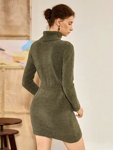 Chiquease Solid Color Casual Loose Knit Sweater Dress, Vintage High Neck Thick Sweater Dress - Army Green - View 2