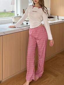 SHEIN 女士睡衣套装，甜美ins风泡泡格纹裤，字母刺绣罗纹针织上衣，长袖圆领方格睡衣套装，秋冬服装 - 白色 - 查看 2