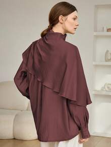 Dazy-Less Damen Loose Chiffon Bluse, Lässig Business Bürokleidung, Langarm, Schalkaragen, geeignet für Frühling, Sommer, Herbst - Bordeaux - Übersicht 3