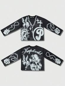ROMWE MEN Goth Men's Casual Street Letter & Cross Print Long Sleeve T-Shirt, Autumn - Black - View 4