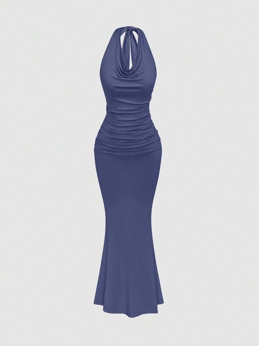 SHEIN MOOSTA Robe moulante en tricot de sirène avec col drapé et froncée, taille grande, convient pour les fêtes et événements