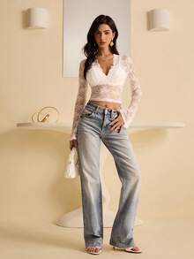 Bluhae Women's Lace Sheer Bell Sleeve V-Neck Blouse, Autumn - White - View 6