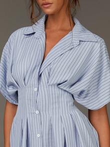 Athîral 女式条纹蝙蝠袖收腰褶边休闲衬衫迷你连衣裙 - 彩色 - 查看 6