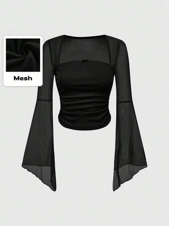 Damen Einfarbiges Minimalistisches Mesh Transparentes Langarm Hemd
