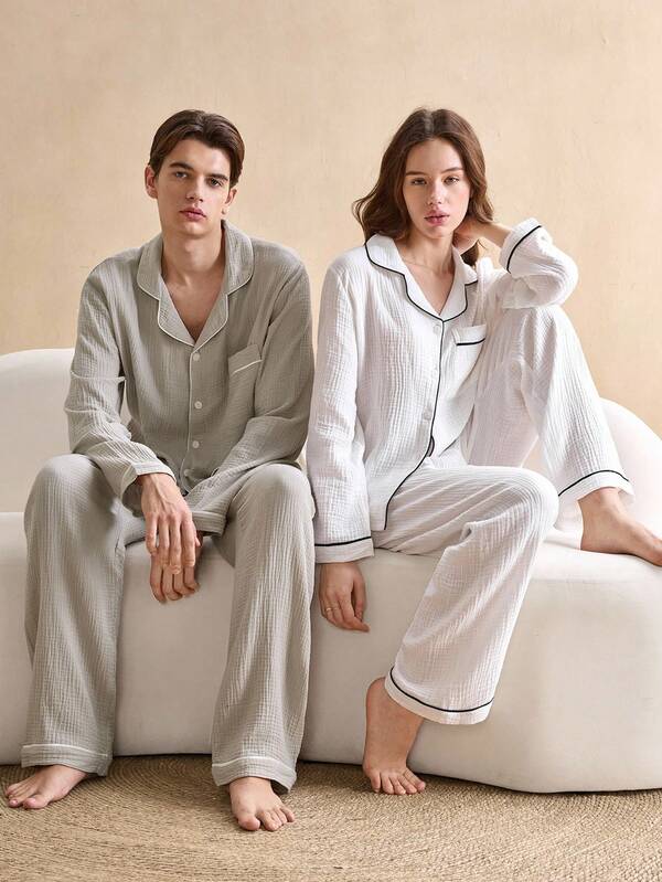 SHEIN EverLounge Men Casual Cotton Gentleman's Loungewear Set, Suitable For Indoor & Outdoor Wear, Fall Clothes