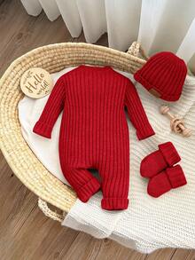 SHEIN 新生女婴可爱针织连体衣、连脚裤和帽子套装，百搭秋冬 - 紅色 - 查看 2