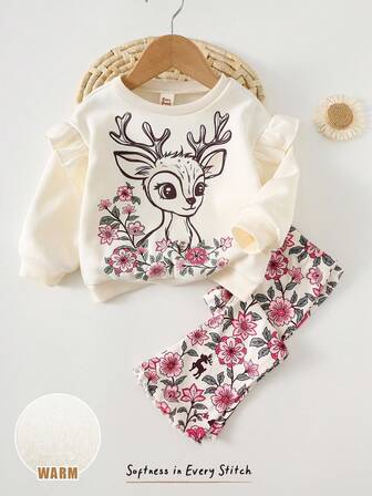 Cozy Pixies Set de 2 piezas de niña bebé con suéter de manga larga con cuello redondo, volantes y estampado de animal de dibujos animados, flores y ciervos, y pantalones de cintura elástica ajustados con vuelo, adecuado para otoño/invierno, Año Nuevo, interior, exterior, casual, esquí, vuelta al colegio, diario, deportes, juego, fiesta