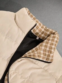 RueChic Men Plaid Printed Lining Patched Regular Wintercoat - Beige - View 3