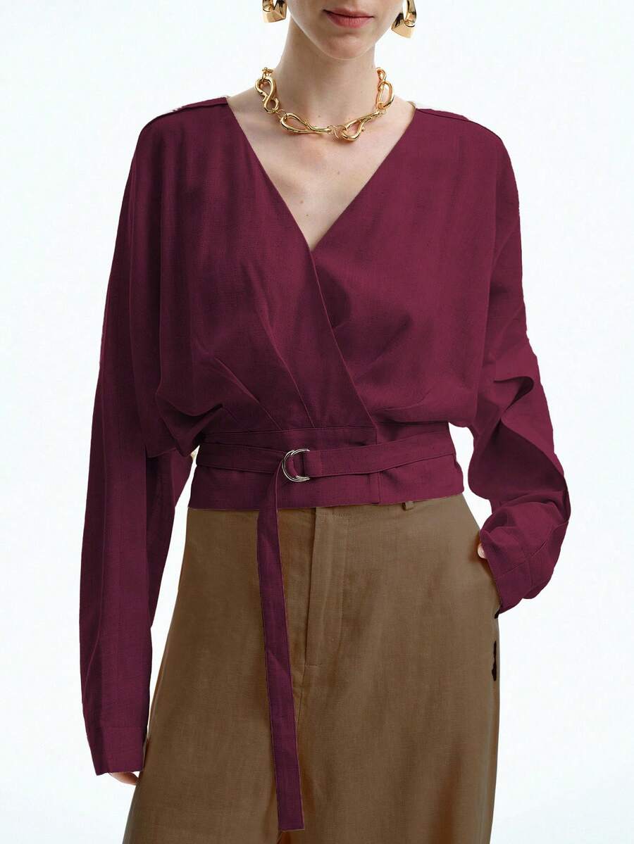 Aalyst Women's Linen Elegant Office/Commute/Vacation Casual V-Neck Dropped Shoulder Long Sleeve Shirt With Adjustable Waist Belt - Maroon - View 1