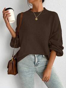 SoleilVie Casual French Style Loose Fit Crew Neck Long Sleeve Knit Sweater, Versatile For Autumn/Winter - Coffee Brown - View 6